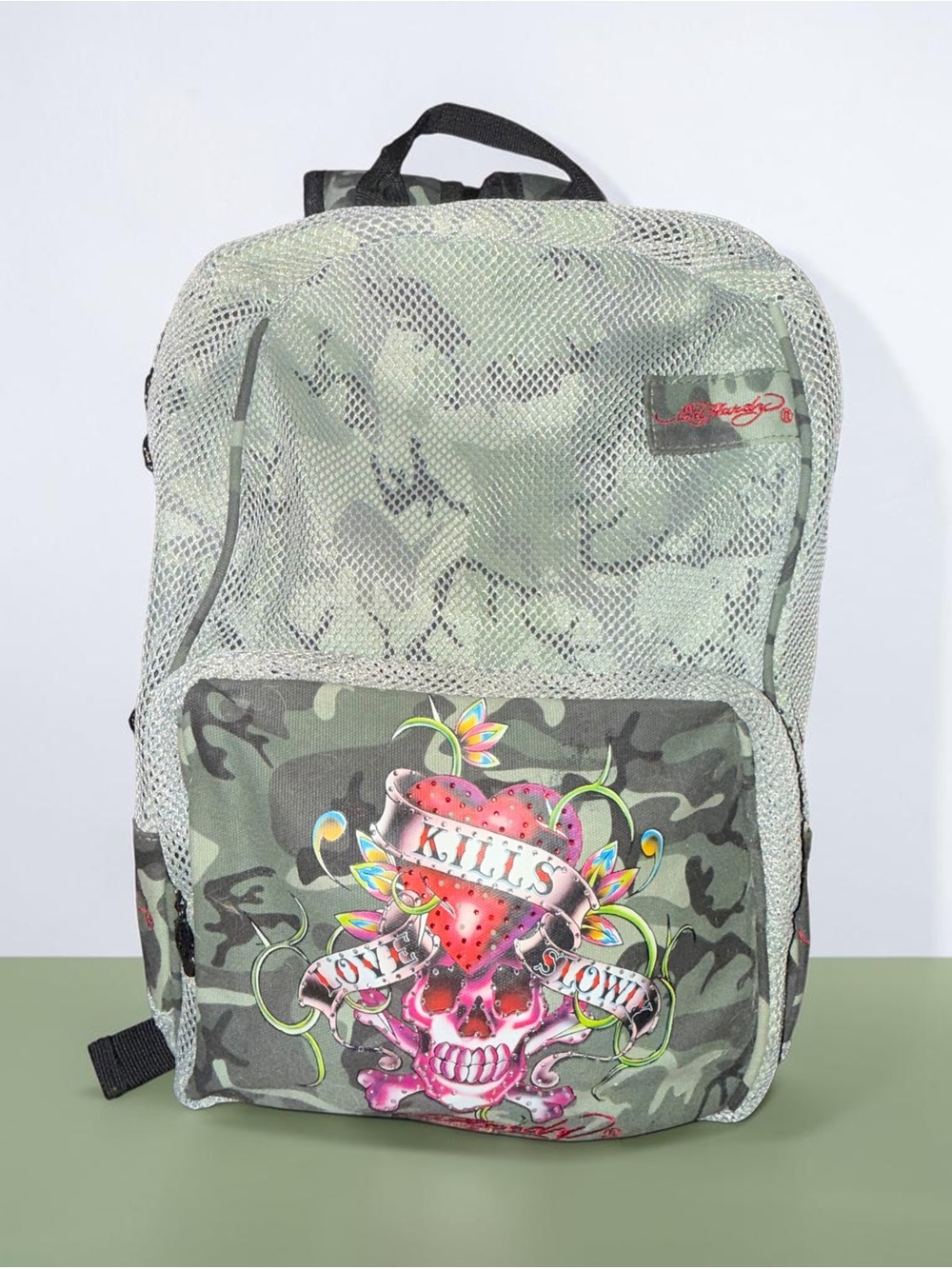 Vintage Y2K Ed Hardy Love Kills Slowly mesh camouflage backpack